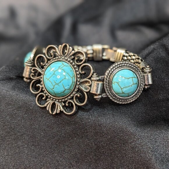Turquoise Style Stone with Filigree Heart Detail Bracelet - Picture 2 of 6